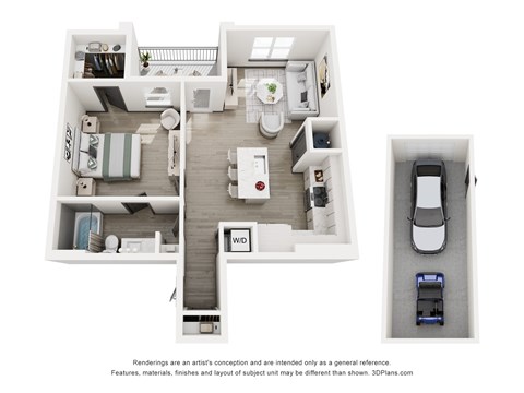 A 3D floor plan of a house with a kitchen, living room, and bathroom.